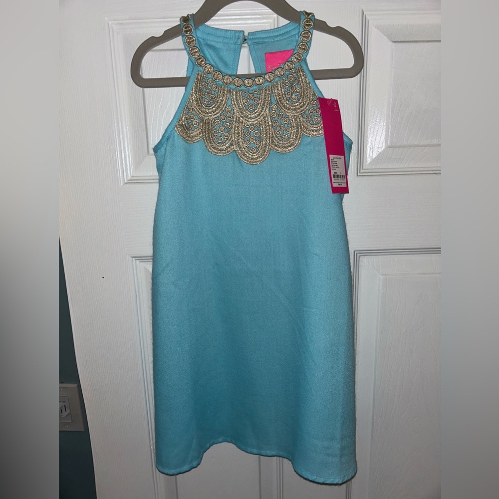 BNWT Lilly Pulitzer Aqua Dress with Gold Detailing Dress, size 6.